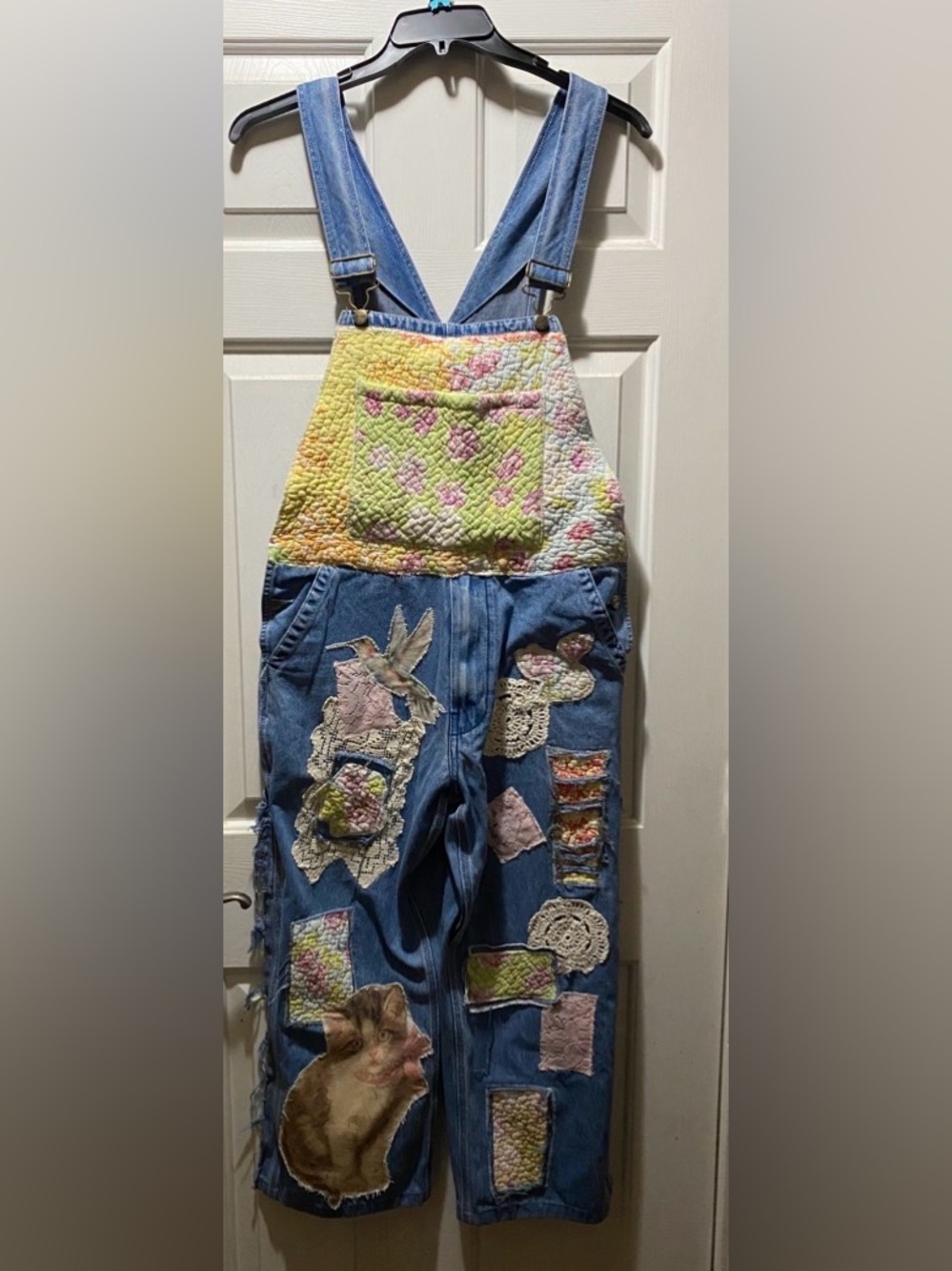 Handcrafted Patchwork Denim Overalls with Pastel Yellow Bib